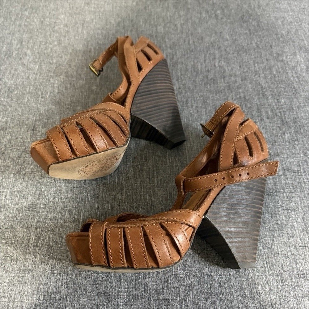 Lucky Brand Women's Brown Leather Peep Toe Wedge Heel Ankle Strap Buckle 6.5M